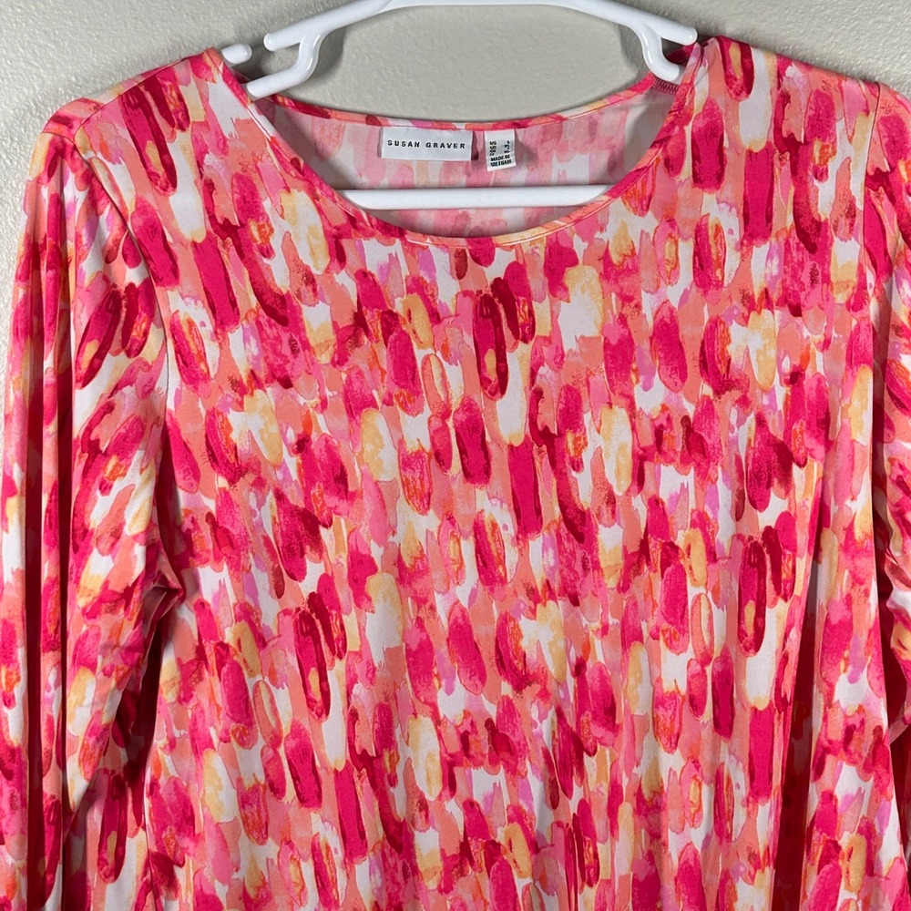 Susan Graver Pink Abstract Liquid Knit Asymmetrical Tunic Top 3/4 Sleeve Large